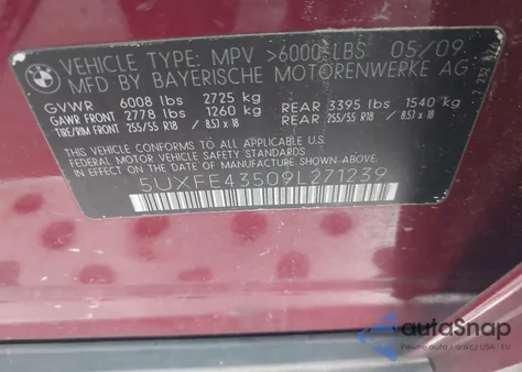 2009 BMW X5 xDrive30I z USA, uszkodzony, nr VIN 5UXFE43509L271239